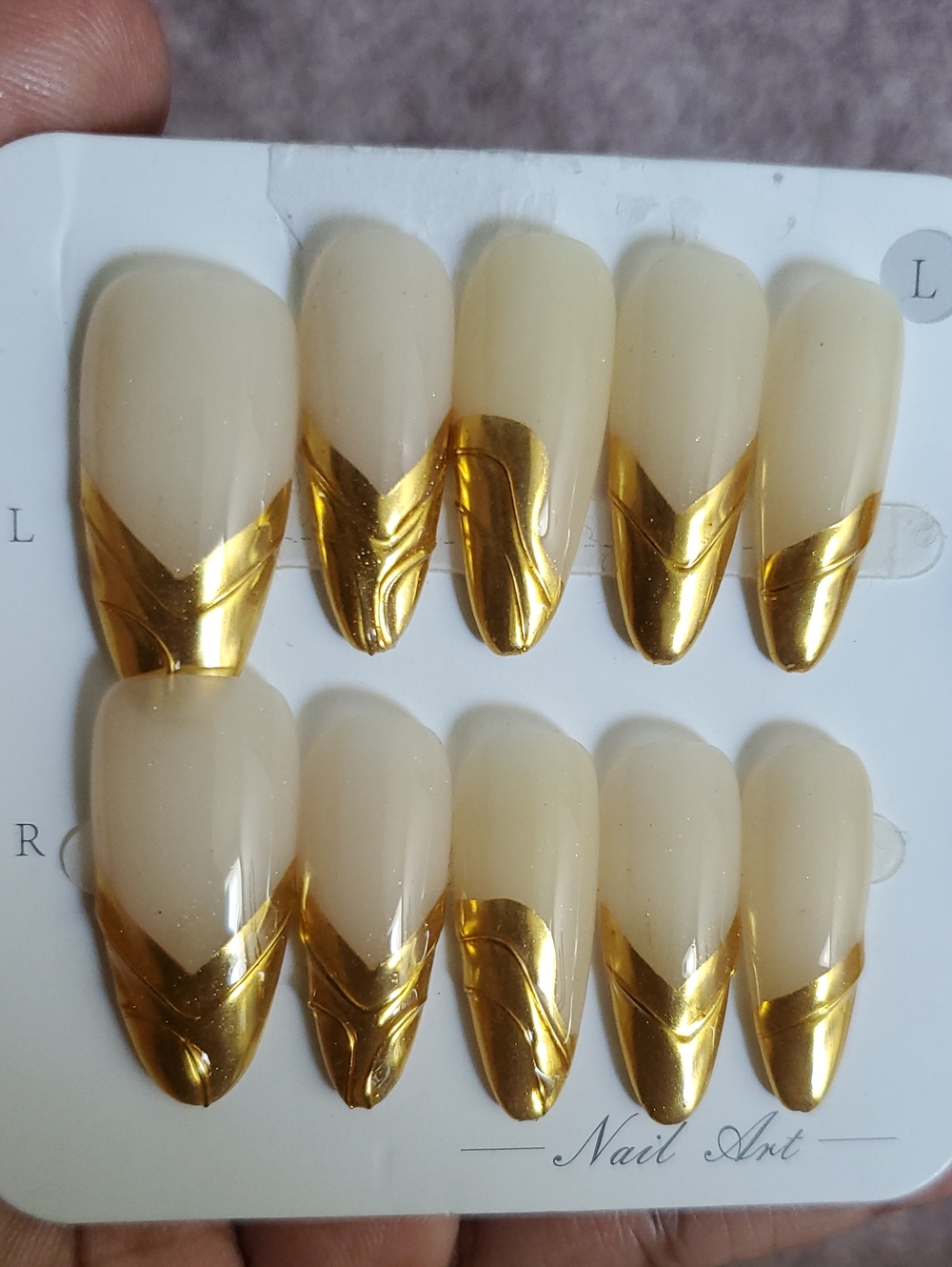 Nude and Gold French Tip Press-On Nails - Elegant Stiletto Set